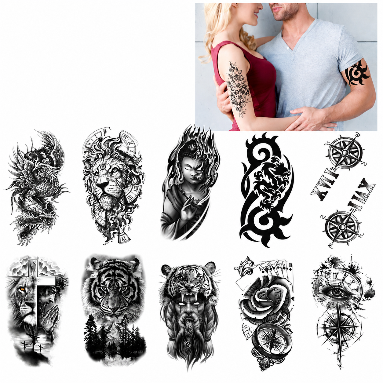 ๐ฅ 76 Pcs Tribal Temporary Tattoo Set - Wolf, Lion & Skull | Instant Forearm Sleeve | Zero Pain ๐บโจ