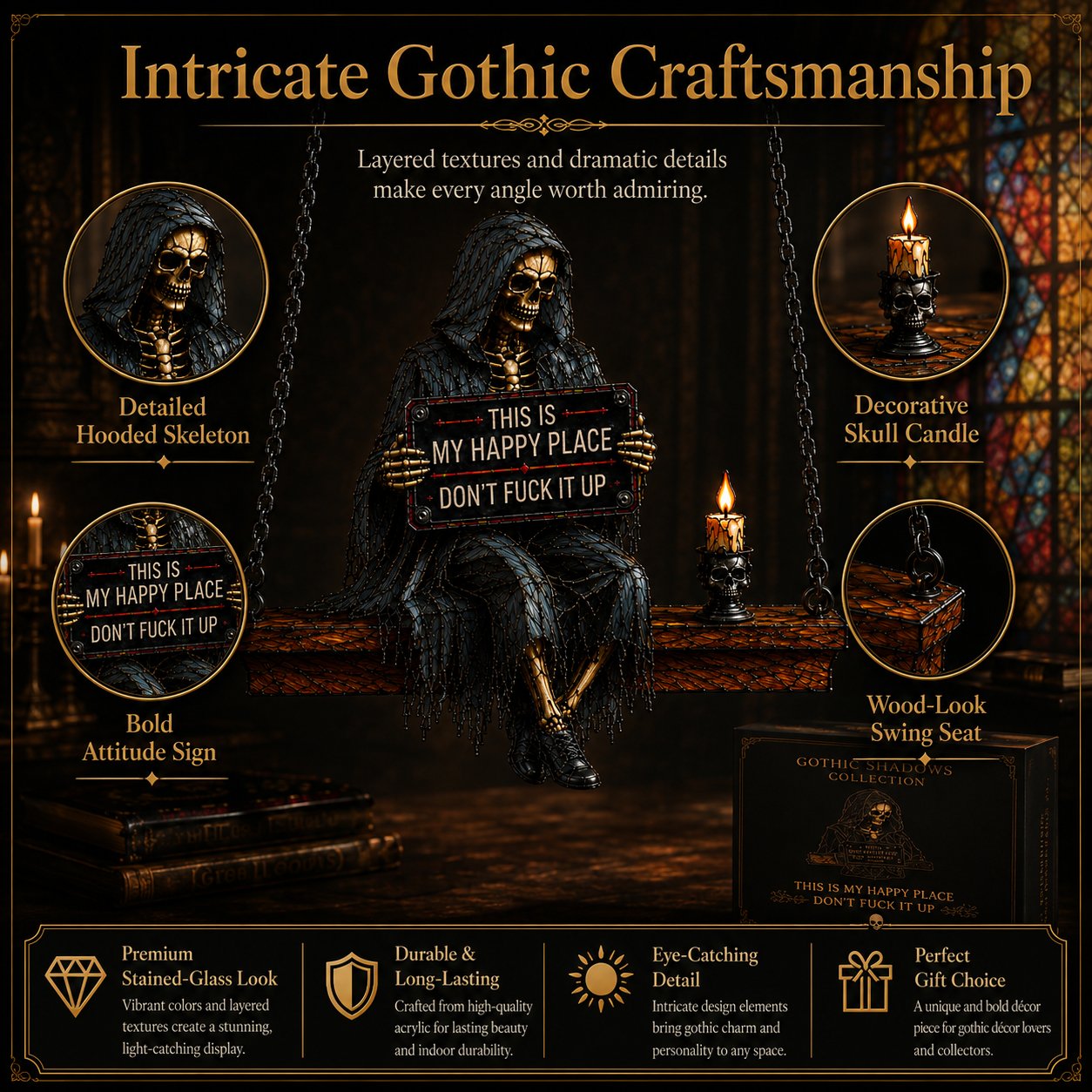 🌞🖤Gothic Skeleton Sun Catcher💀 Handmade Stained Glass Spinner