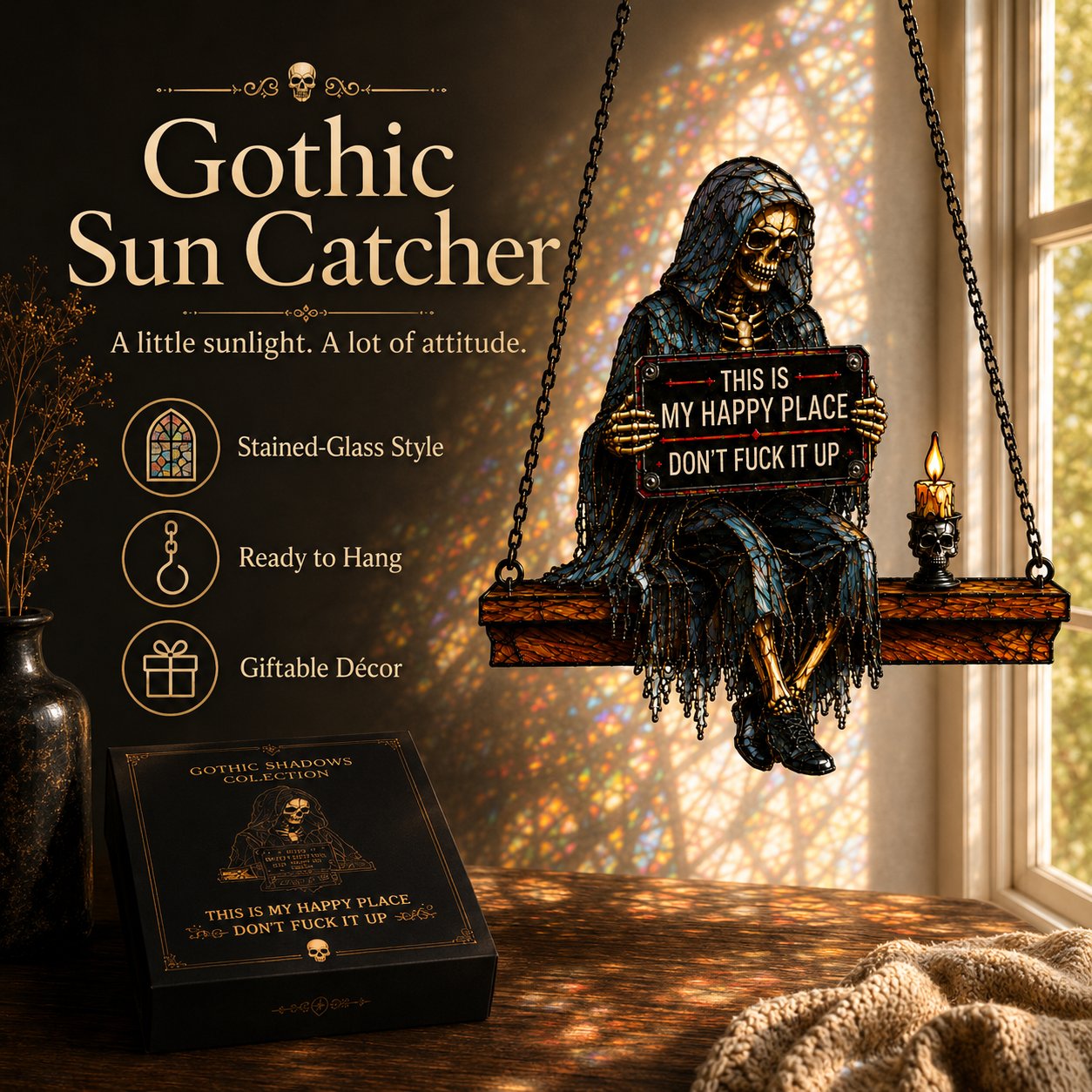 🌞🖤Gothic Skeleton Sun Catcher💀 Handmade Stained Glass Spinner