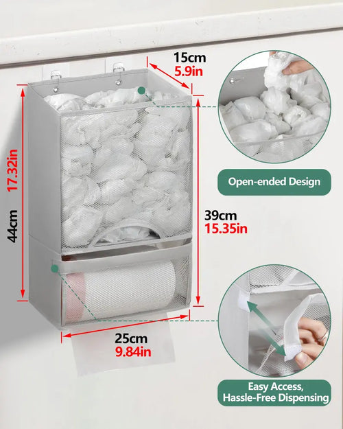 🛍️ 2-in-1 Extra Large Plastic Bag Holder – 🧺 Wall Mount Kitchen Organizer with Built-in Trash Bag Dispenser – Holds 60+ Bags, Oxford Cloth