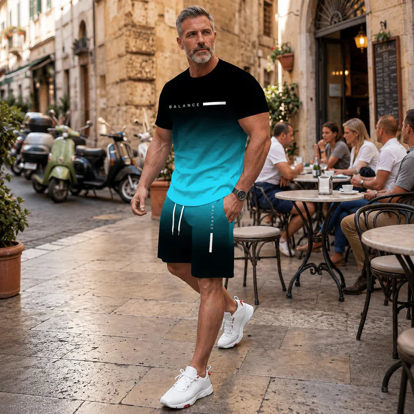 🔥 HOT SALE👕Men’s Gradient Short Sleeve Tracksuit Set – 55% OFF