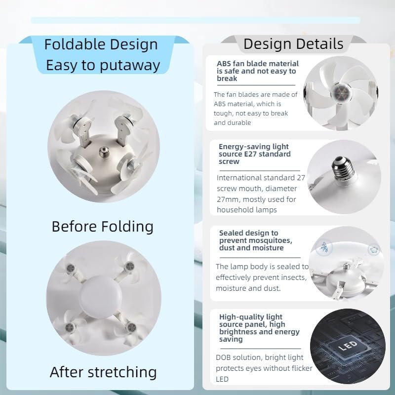 Silent Foldable E27 Fan Light