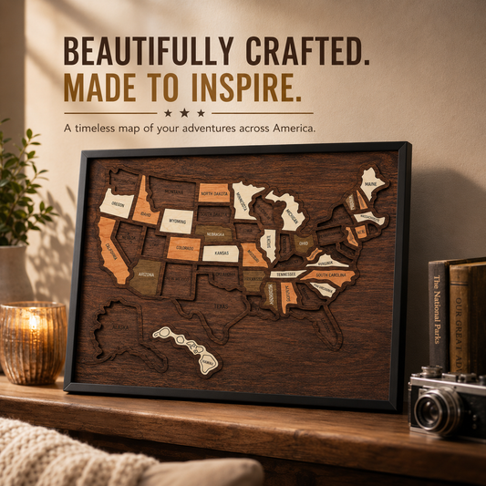 An interactive wooden map for marking places you've visited and important trips