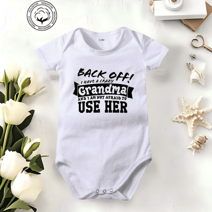 👶 Funny Baby Bodysuit – 👴 "Back Off! Crazy Grandpa" – ☁️ Soft Cotton, Breathable & Irritation-Free