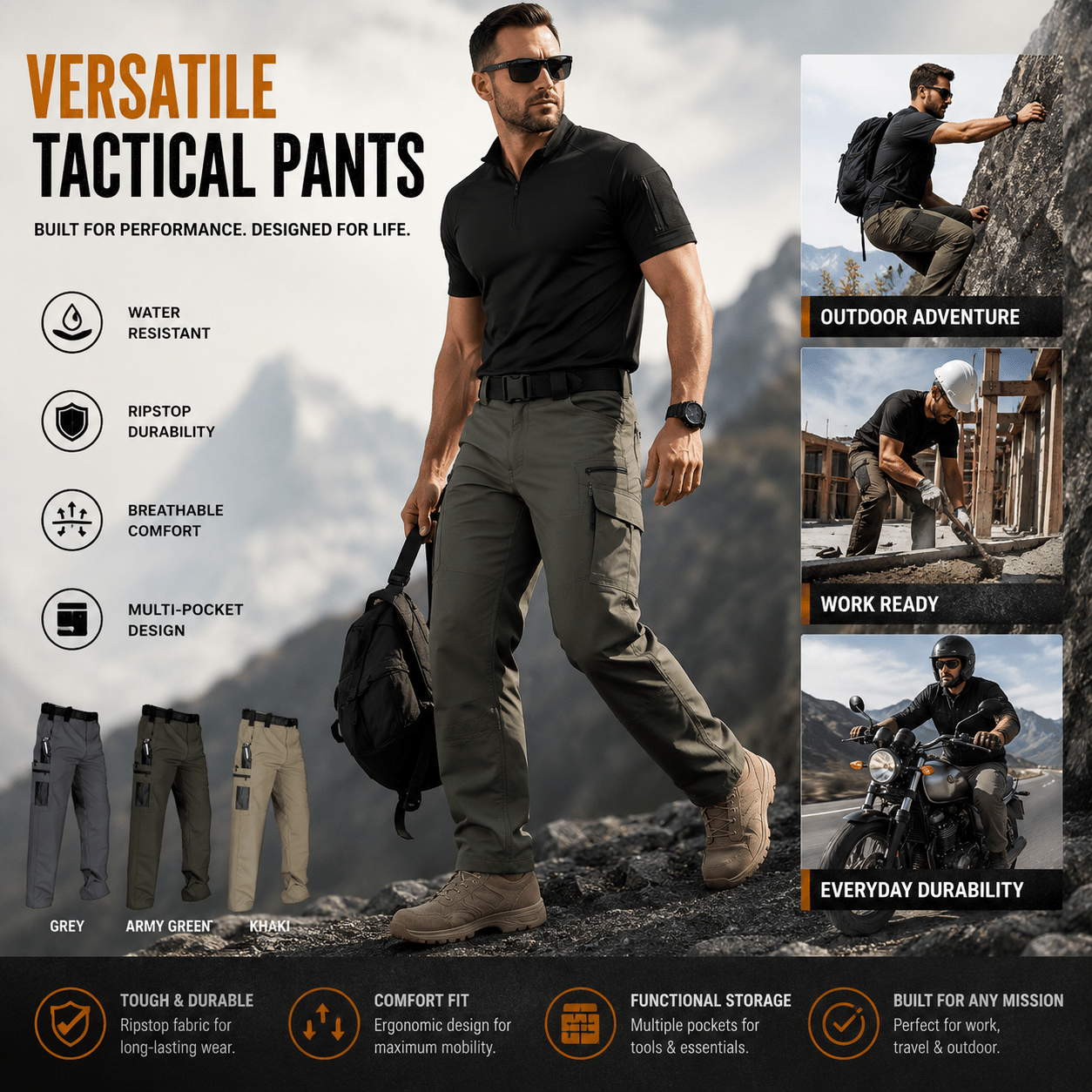 🔥Men's Waterproof Tactical Work Pants - Solid Color with Multi-Pockets for Outdoor Activities