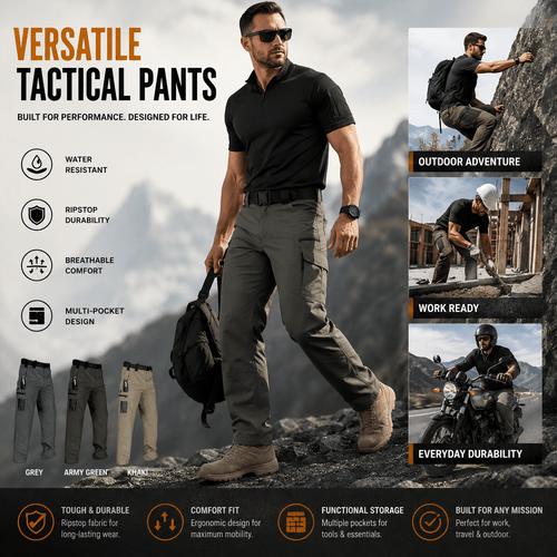 🔥Men's Waterproof Tactical Work Pants - Solid Color with Multi-Pockets for Outdoor Activities