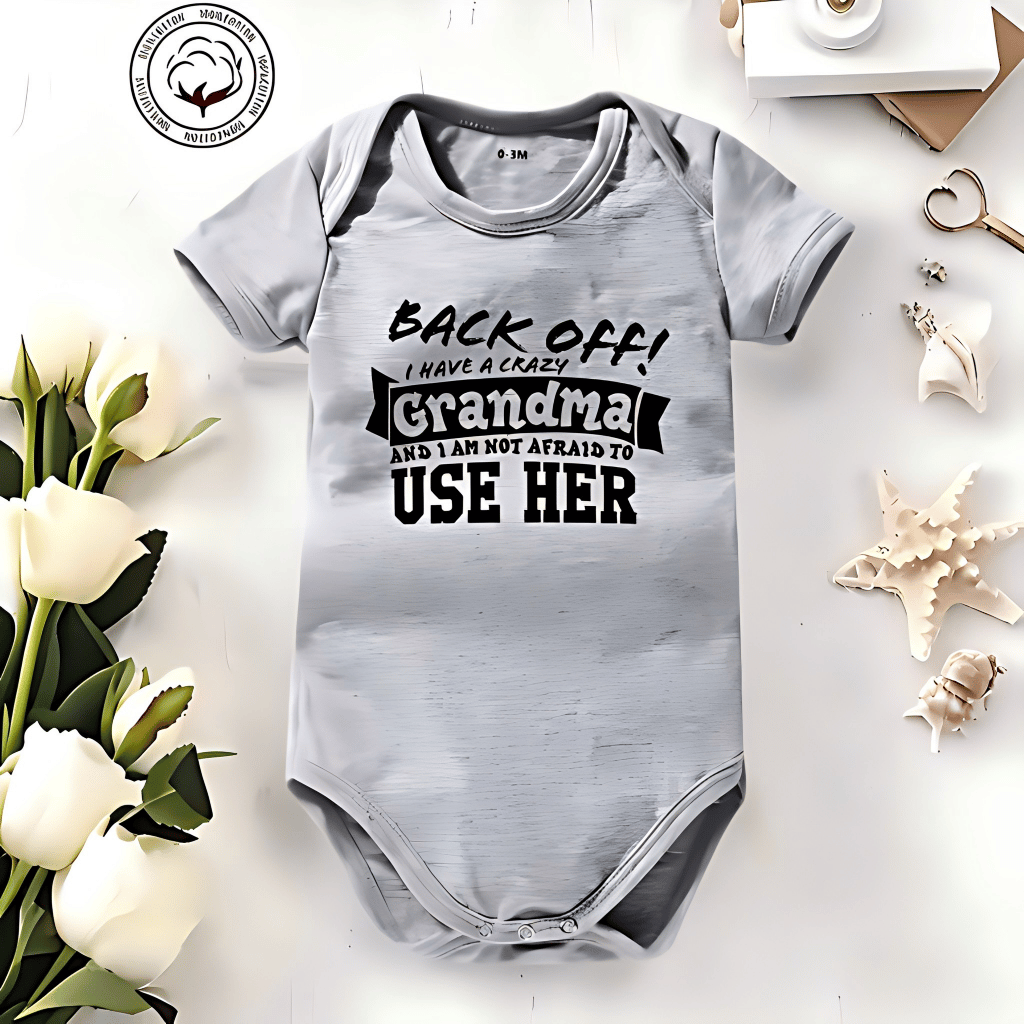 👶 Funny Baby Bodysuit – 👴 "Back Off! Crazy Grandpa" – ☁️ Soft Cotton, Breathable & Irritation-Free