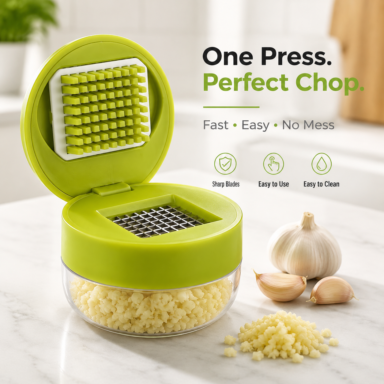 Garlic chopper, stainless steel blade cutter, garlic press, garlic grinder, and storage container