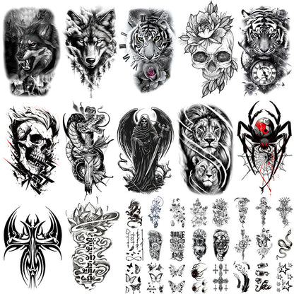 🔥 76 Pcs Tribal Temporary Tattoo Set - Wolf, Lion & Skull | Instant Forearm Sleeve | Zero Pain 🐺✨