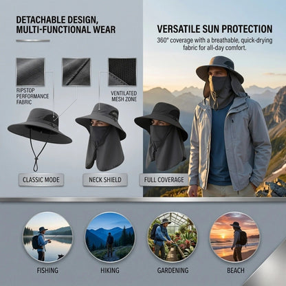 🔥 Closeout Sale – 🧢 Full Coverage Outdoor Sun Hat – Detachable Face Cover, Breathable Mesh, Lightweight for Fishing & Hiking