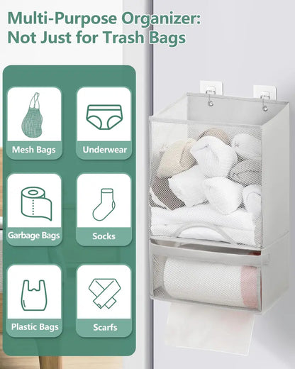 🛍️ 2-in-1 Extra Large Plastic Bag Holder – 🧺 Wall Mount Kitchen Organizer with Built-in Trash Bag Dispenser – Holds 60+ Bags, Oxford Cloth