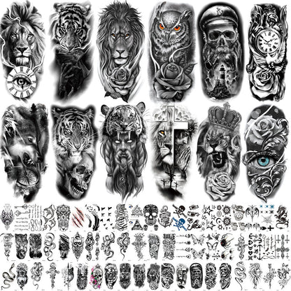 🔥 76 Pcs Tribal Temporary Tattoo Set - Wolf, Lion & Skull | Instant Forearm Sleeve | Zero Pain 🐺✨