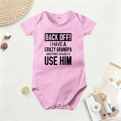 👶 Funny Baby Bodysuit – 👴 "Back Off! Crazy Grandpa" – ☁️ Soft Cotton, Breathable & Irritation-Free