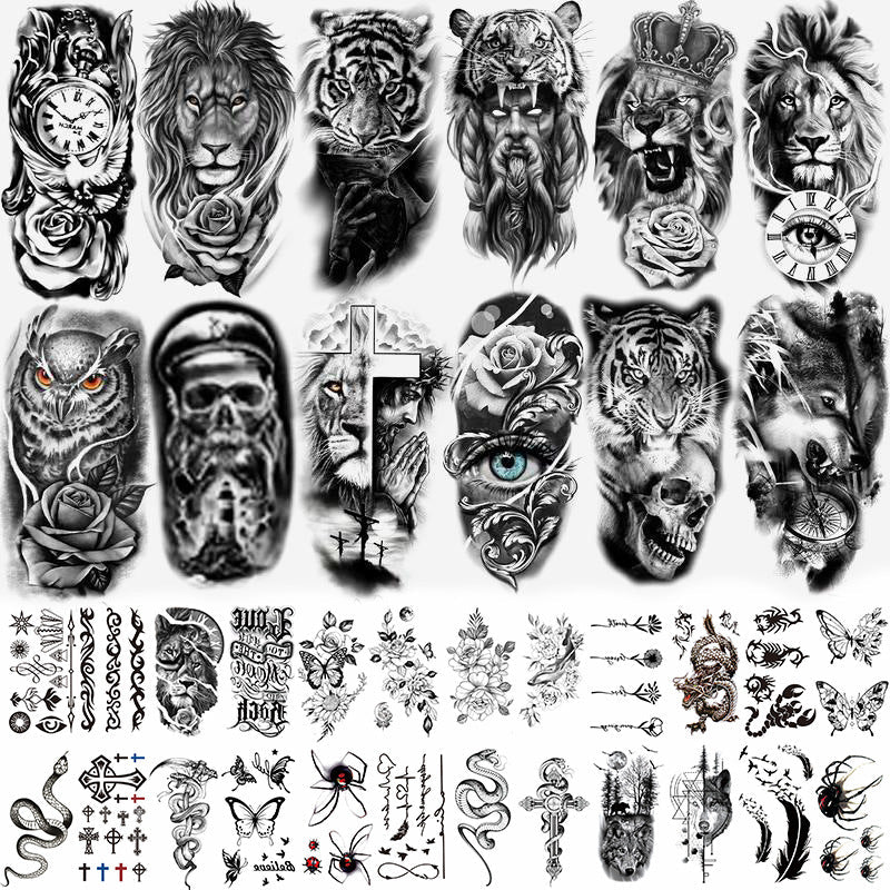 🔥 76 Pcs Tribal Temporary Tattoo Set - Wolf, Lion & Skull | Instant Forearm Sleeve | Zero Pain 🐺✨