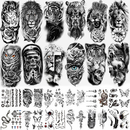 🔥 76 Pcs Tribal Temporary Tattoo Set - Wolf, Lion & Skull | Instant Forearm Sleeve | Zero Pain 🐺✨