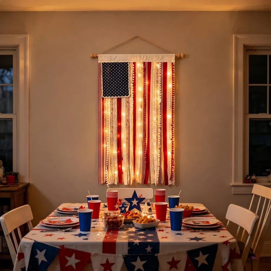 Handcrafted Lighted Rag American Flag Banner | 8 LED Modes | July 4th Patriotic Décor