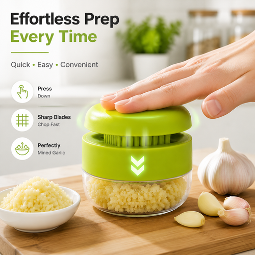 Garlic chopper, stainless steel blade cutter, garlic press, garlic grinder, and storage container