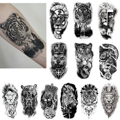 🔥 76 Pcs Tribal Temporary Tattoo Set - Wolf, Lion & Skull | Instant Forearm Sleeve | Zero Pain 🐺✨