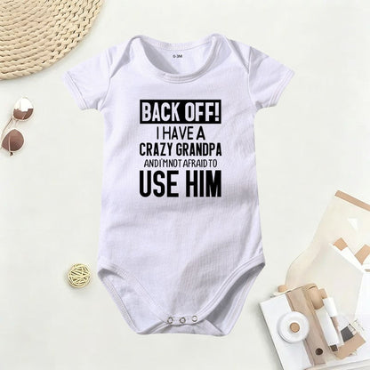 👶 Funny Baby Bodysuit – 👴 "Back Off! Crazy Grandpa" – ☁️ Soft Cotton, Breathable & Irritation-Free