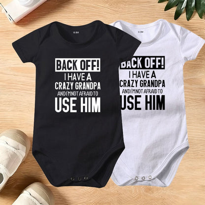 👶 Funny Baby Bodysuit – 👴 "Back Off! Crazy Grandpa" – ☁️ Soft Cotton, Breathable & Irritation-Free