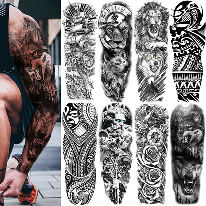 🔥 76 Pcs Tribal Temporary Tattoo Set - Wolf, Lion & Skull | Instant Forearm Sleeve | Zero Pain 🐺✨