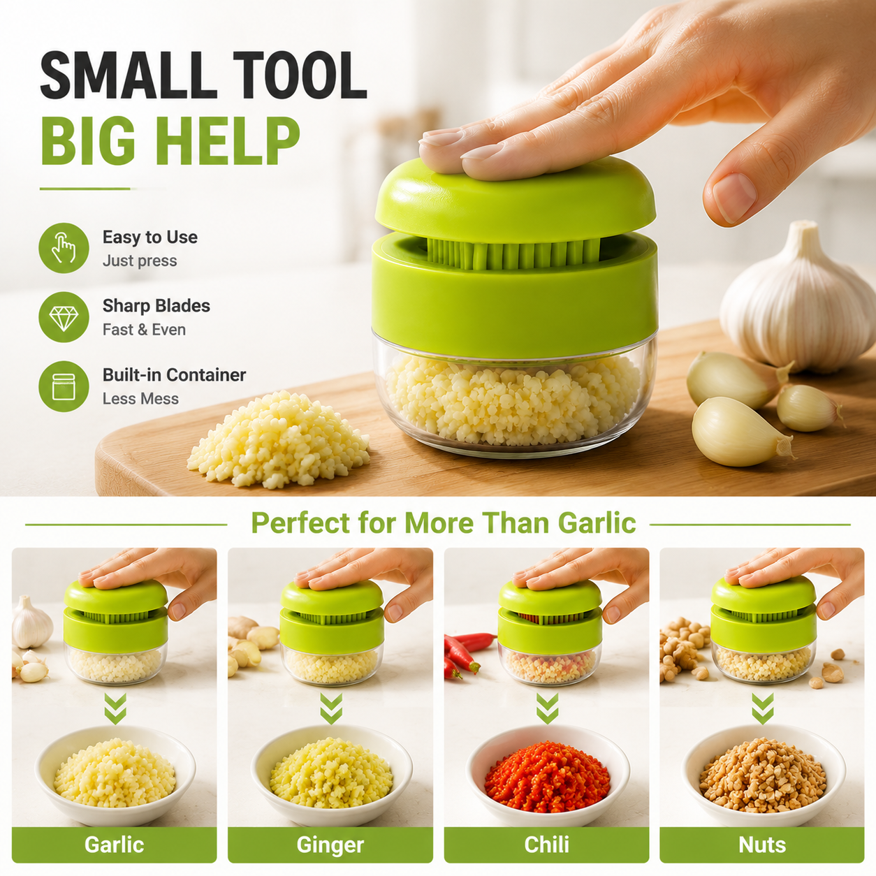 Garlic chopper, stainless steel blade cutter, garlic press, garlic grinder, and storage container