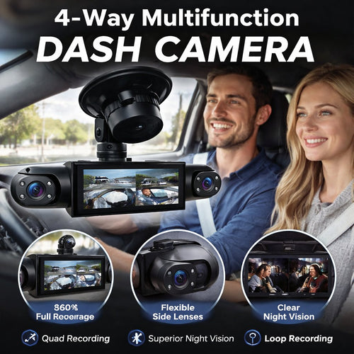 🚗 [Best Seller] 4-Way Dash Cam – 📹 360° Full Coverage, Front/Rear/Left/Right – Day & Night Recording