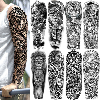 🔥 76 Pcs Tribal Temporary Tattoo Set - Wolf, Lion & Skull | Instant Forearm Sleeve | Zero Pain 🐺✨