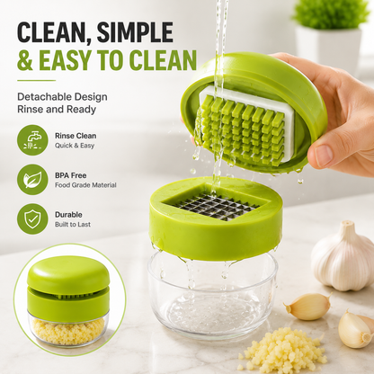 Garlic chopper, stainless steel blade cutter, garlic press, garlic grinder, and storage container