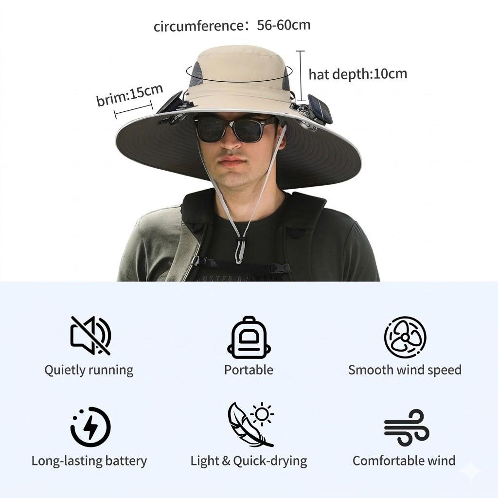 🧢 2026 Solar Cooling Hat – 🌬️ 3 Built-in Fans, UPF50+ Sun Protection – Solar + Battery Powered