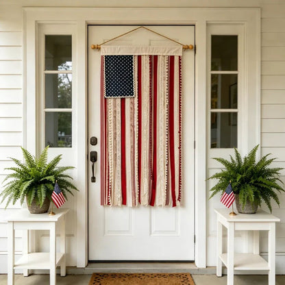 Handcrafted Lighted Rag American Flag Banner | 8 LED Modes | July 4th Patriotic Décor