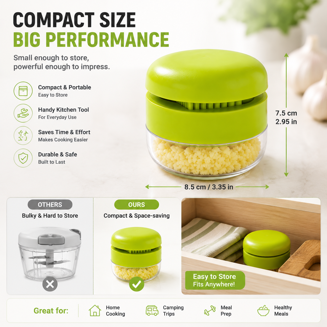 Garlic chopper, stainless steel blade cutter, garlic press, garlic grinder, and storage container