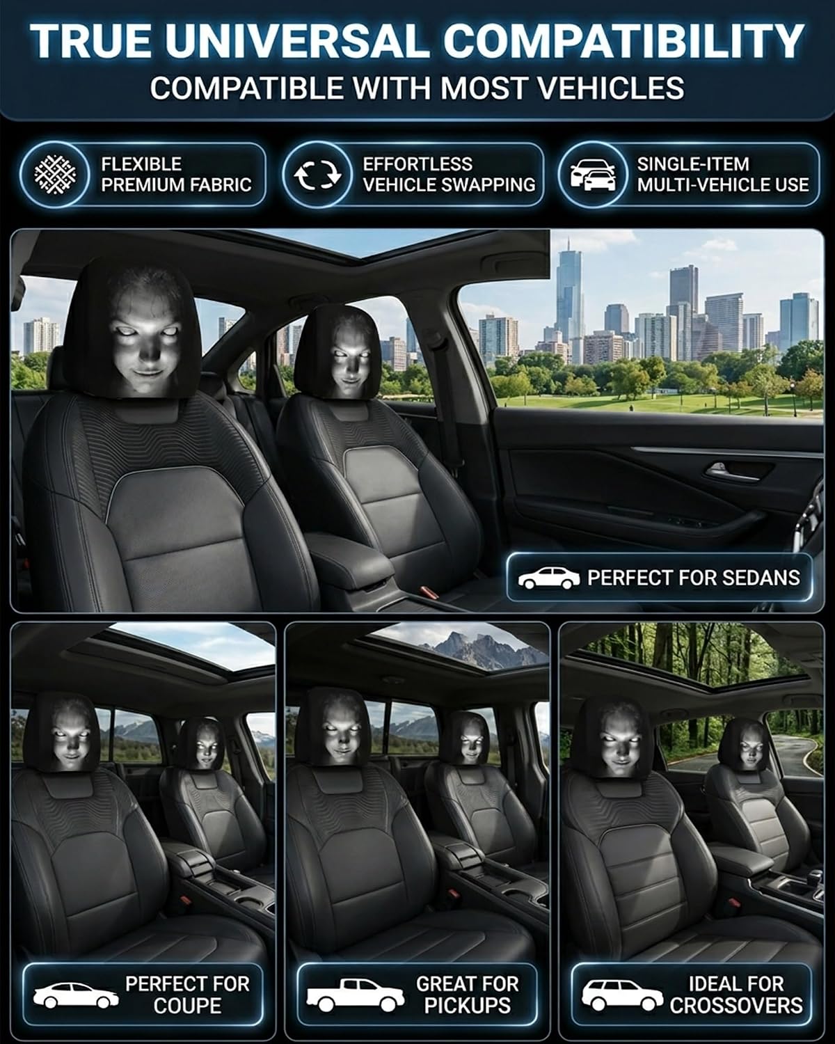 “Scary Face” Headrest Cover, Spooky-Style Stretchable Headrest Protector