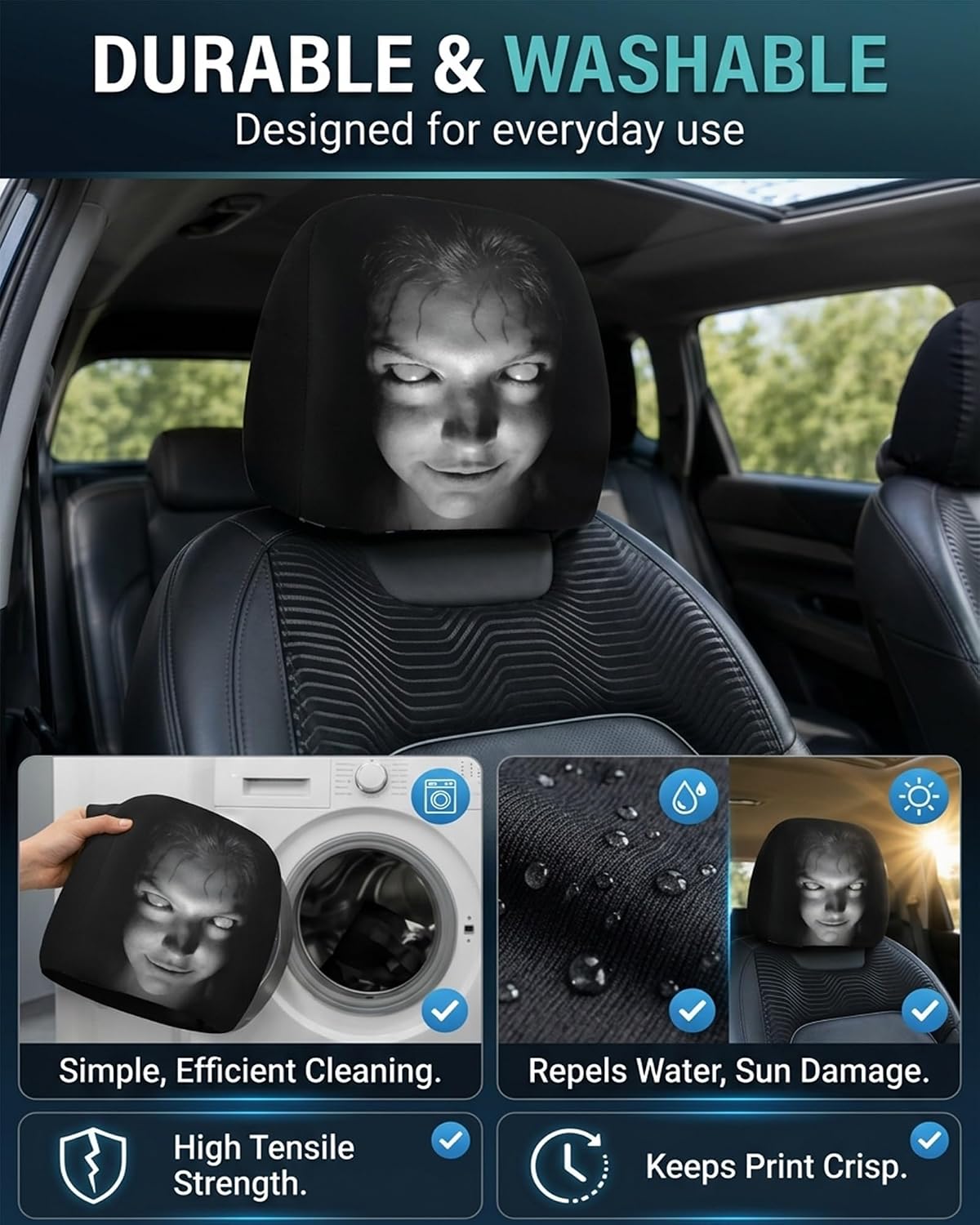 “Scary Face” Headrest Cover, Spooky-Style Stretchable Headrest Protector