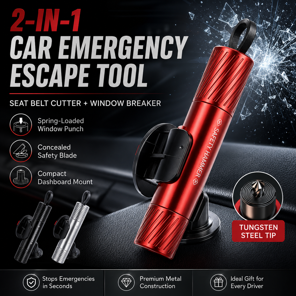 💥2-in-1 Emergency Escape Tool – 🔪 Spring-Loaded Window Breaker & Concealed Seat Belt Cutter – Compact Metal Car Safety Essential with Mount Base