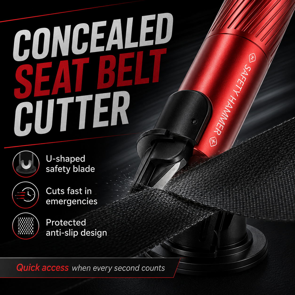 💥2-in-1 Emergency Escape Tool – 🔪 Spring-Loaded Window Breaker & Concealed Seat Belt Cutter – Compact Metal Car Safety Essential with Mount Base
