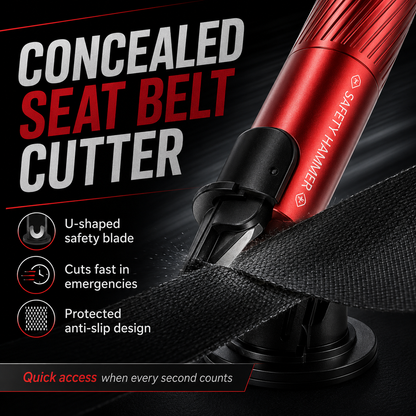 💥2-in-1 Emergency Escape Tool – 🔪 Spring-Loaded Window Breaker & Concealed Seat Belt Cutter – Compact Metal Car Safety Essential with Mount Base