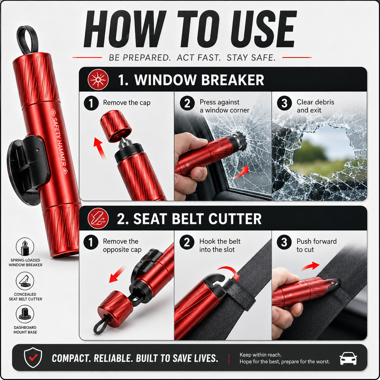 💥2-in-1 Emergency Escape Tool – 🔪 Spring-Loaded Window Breaker & Concealed Seat Belt Cutter – Compact Metal Car Safety Essential with Mount Base