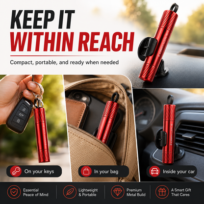 💥2-in-1 Emergency Escape Tool – 🔪 Spring-Loaded Window Breaker & Concealed Seat Belt Cutter – Compact Metal Car Safety Essential with Mount Base