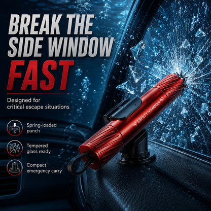 💥2-in-1 Emergency Escape Tool – 🔪 Spring-Loaded Window Breaker & Concealed Seat Belt Cutter – Compact Metal Car Safety Essential with Mount Base