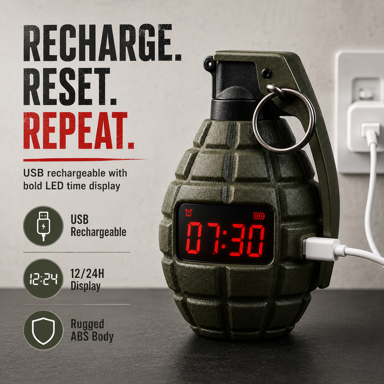 💣 Tactical Grenade Alarm Clock | Loud Interactive Alarm for Heavy Sleepers