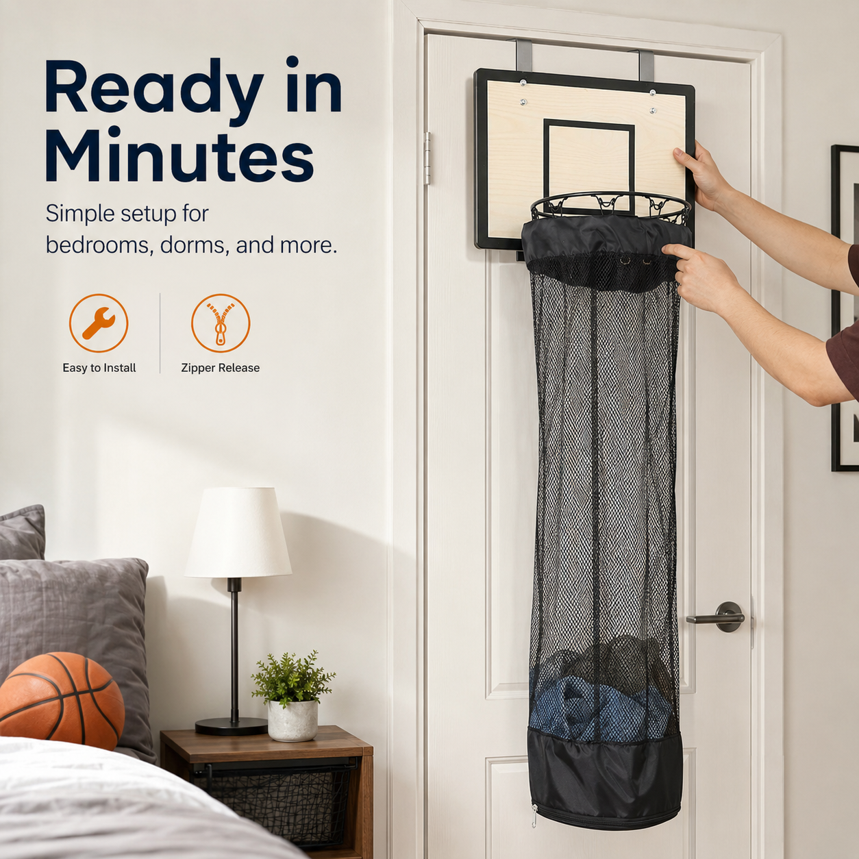 Wooden Basketball Hamper - Basketball Hoop Laundry Basket Over the Door - Basketball Room Decor