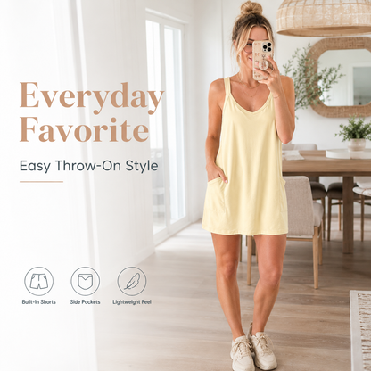 🌞 Women's Summer Mini Dress – 🩳 Built-in Shorts & Side Pockets – V-Neck, Spaghetti Straps, Sporty Casual