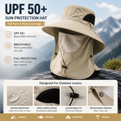 🔥 Closeout Sale – 🧢 Full Coverage Outdoor Sun Hat – Detachable Face Cover, Breathable Mesh, Lightweight for Fishing & Hiking