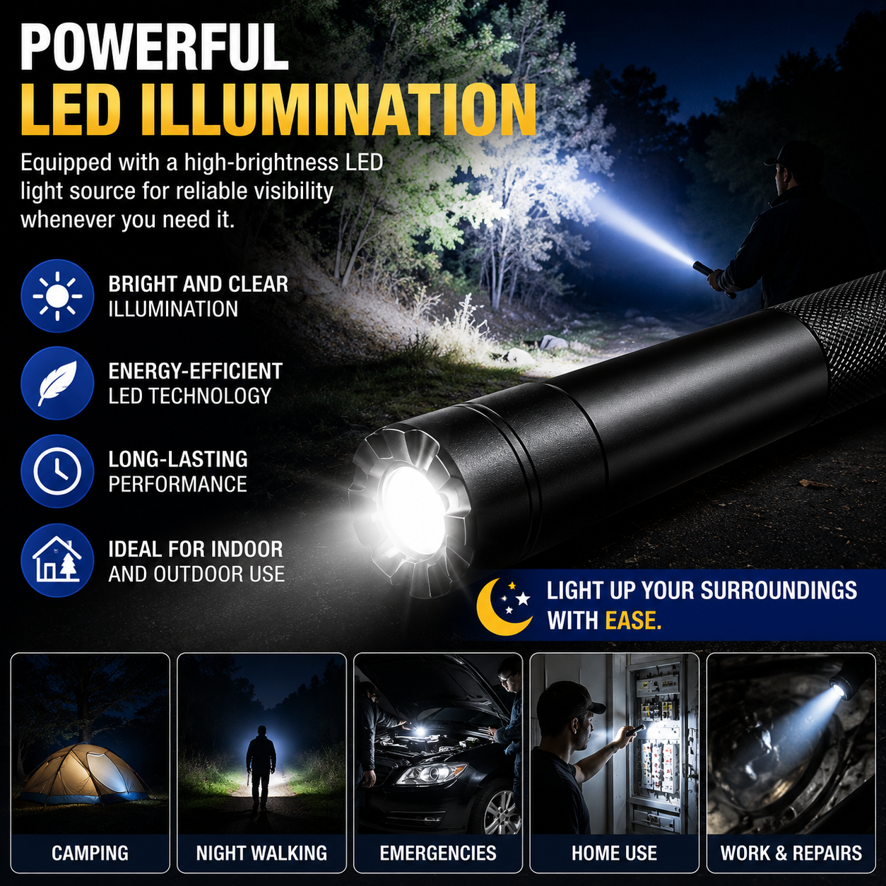 🔦 Long-Handle LED Emergency Flashlight | 3 Lighting Modes