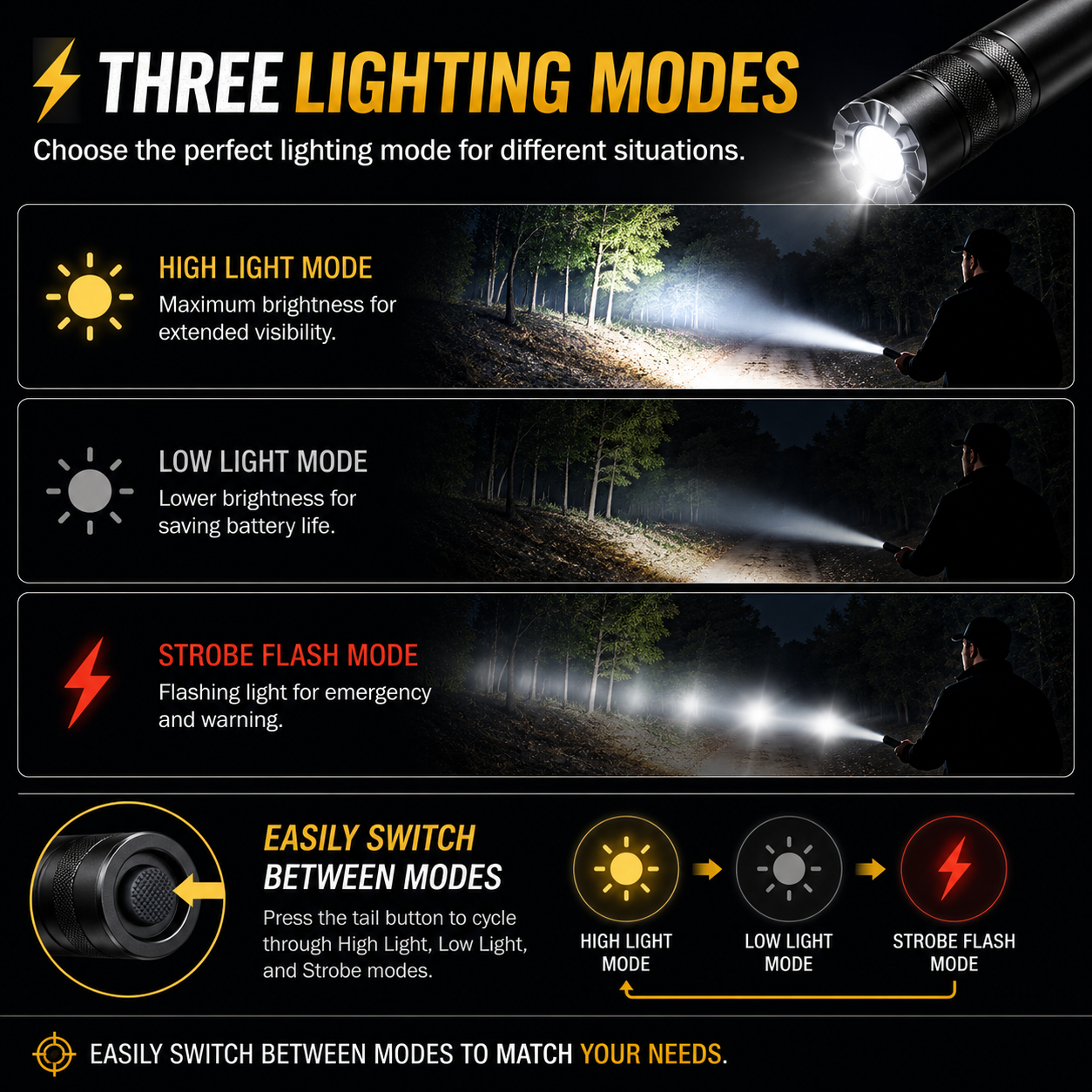 🔦 Long-Handle LED Emergency Flashlight | 3 Lighting Modes