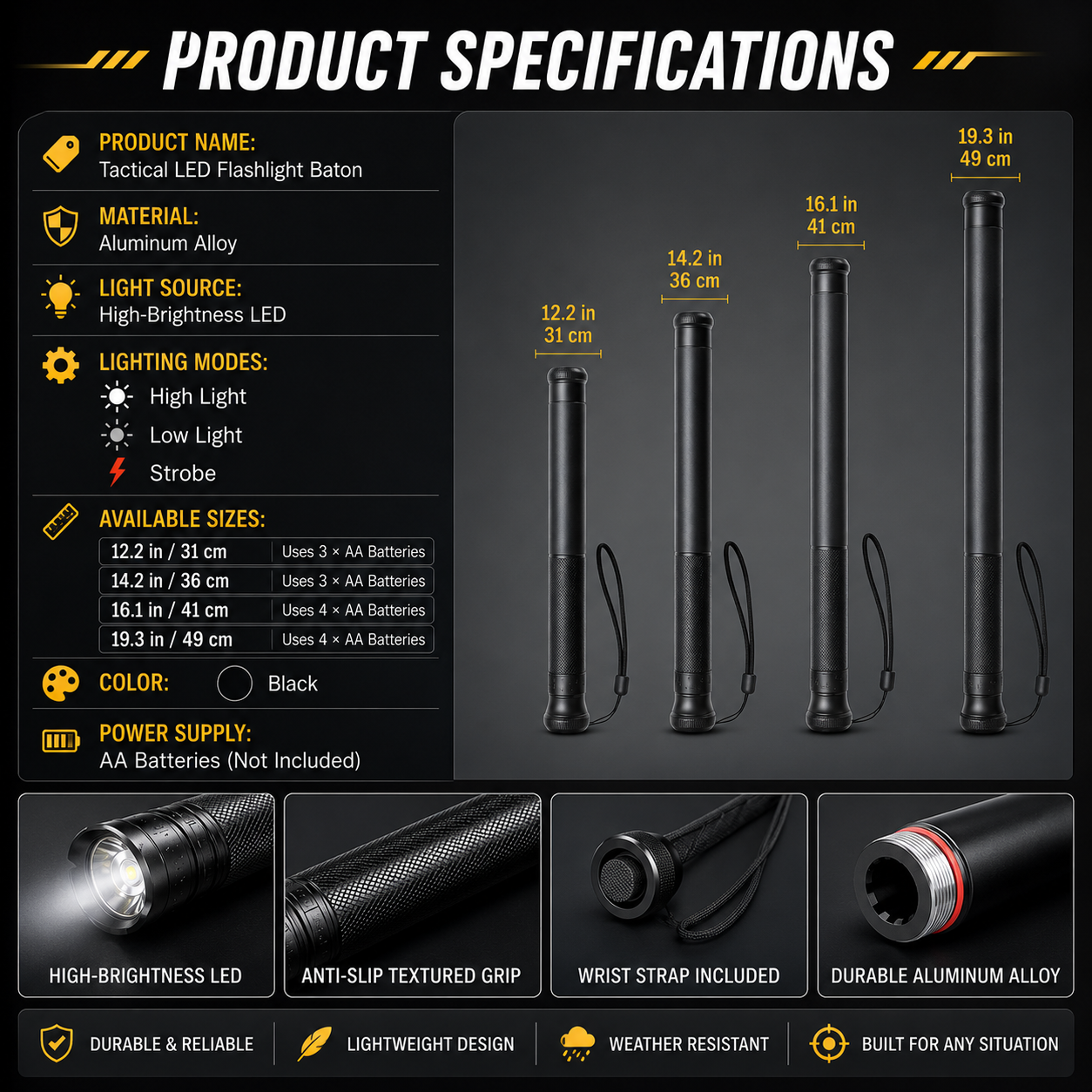 🔦 Long-Handle LED Emergency Flashlight | 3 Lighting Modes