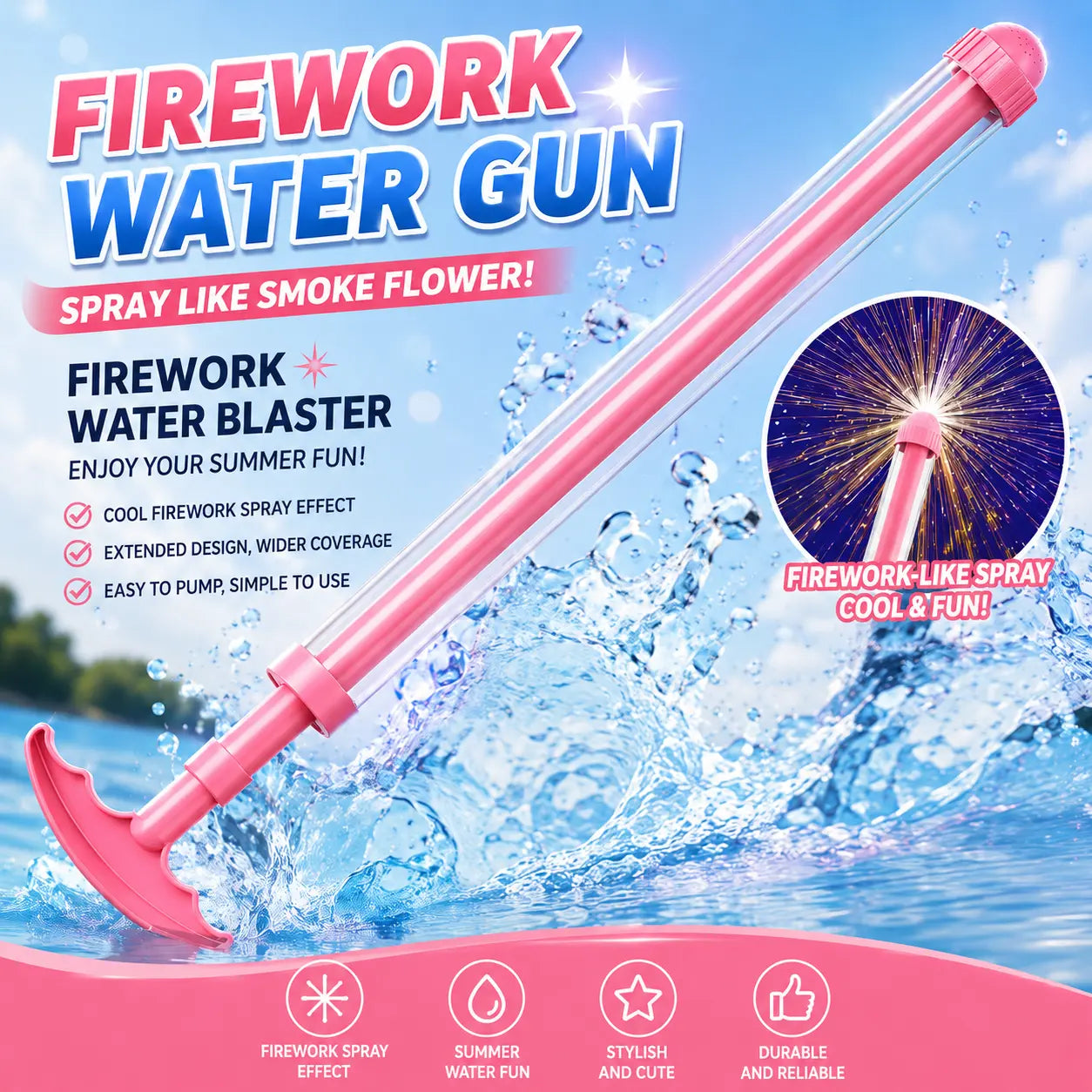 🌸💦 Pink Firework Water Gun | Cute Long-Range Summer Water Toy