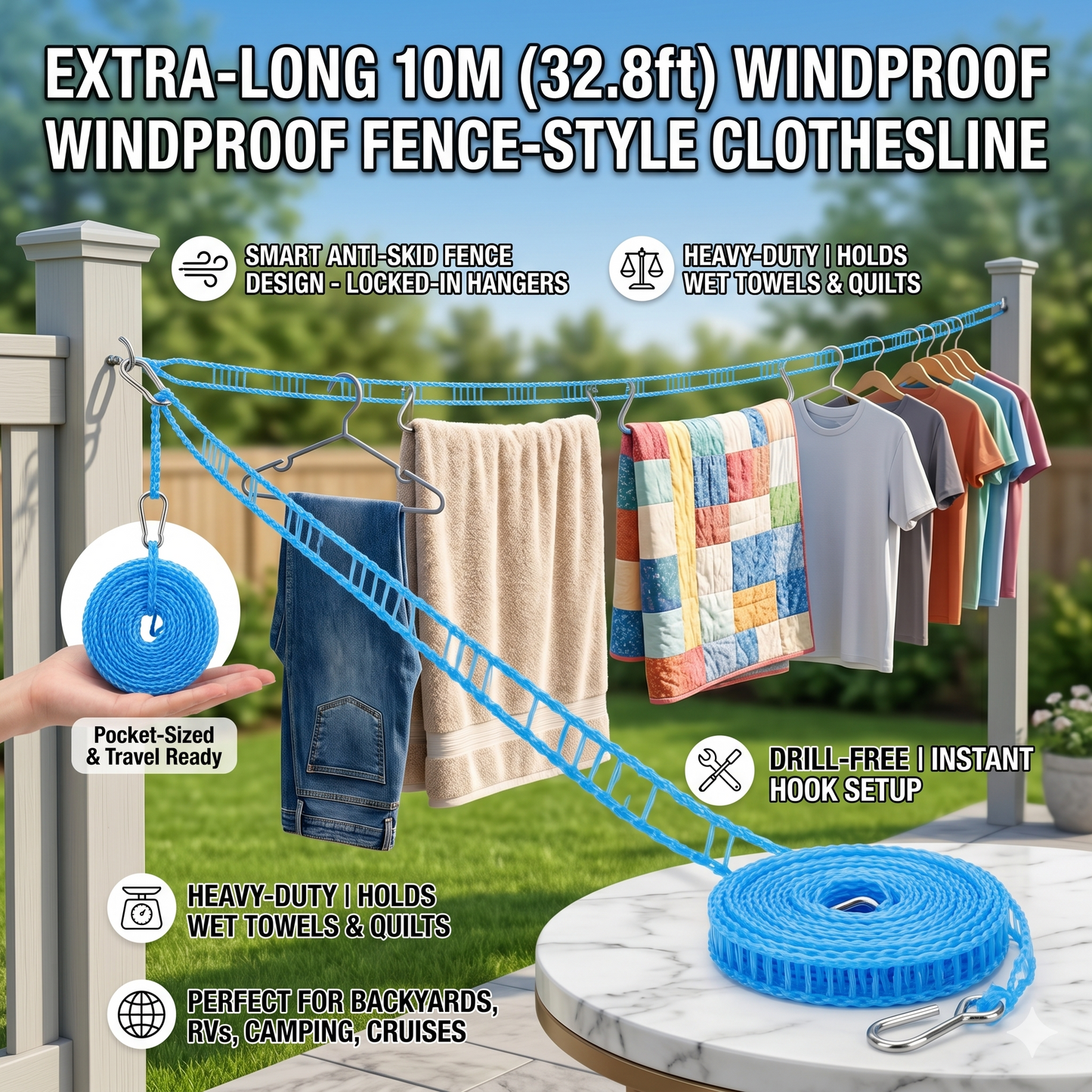 🧺Three colors✨ 🌤️ Windproof Travel Clothesline 10M | No-Slip Laundry Drying Rope for Balcony, Camping & RV