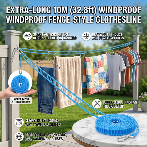 🧺Three colors✨ 🌤️ Windproof Travel Clothesline 10M | No-Slip Laundry Drying Rope for Balcony, Camping & RV